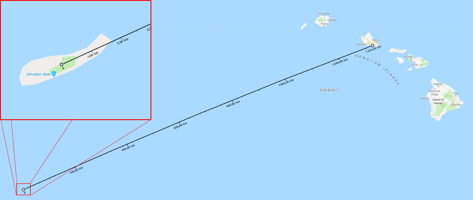 Cartina geografica distanza Atollo Johnston da Hawaii